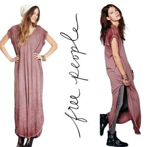 Free People Beach Keep Me Oversized Burnout Burgundy Semi-Sheer T-Shirt Dress-XS